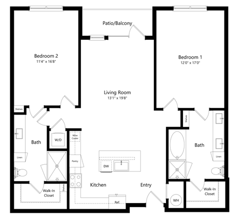 Floor plan for 2 beds, 2 baths, 1265 sqft
